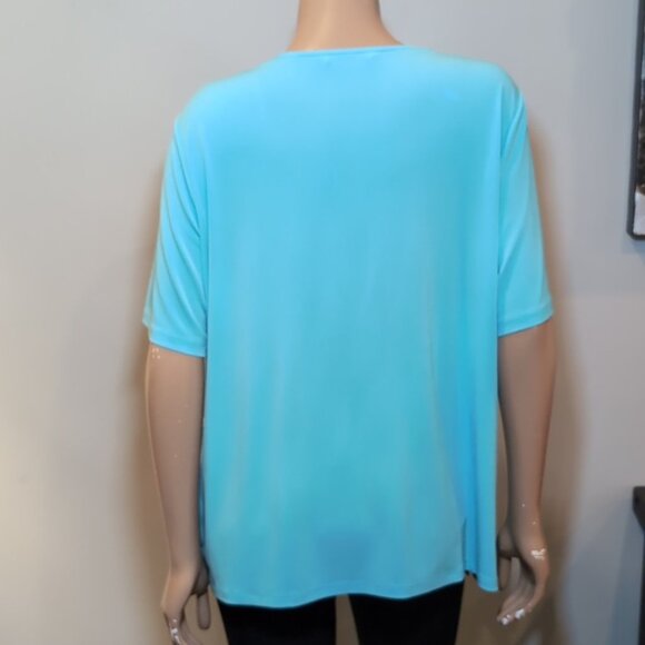 Tanjay Aqua Short Sleeve Top Embellished Scoop Neck Beaded Rhinestone Resort - Picture 8 of 13